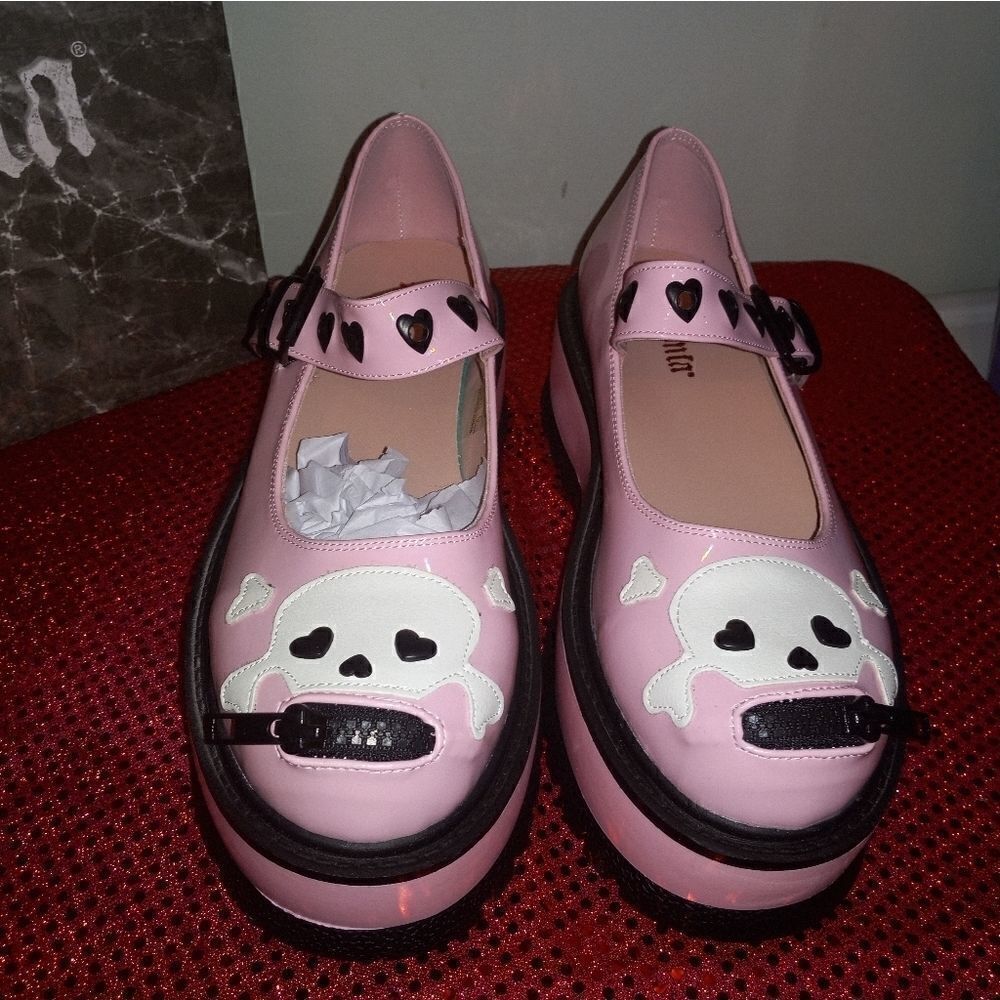 Demonia Patent Leather Candy Holographic Skull Maryjanes - Picture 4 of 7
